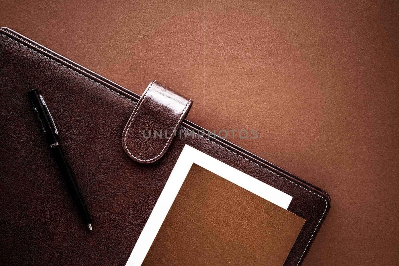 Productivity, work and corporate lifestyle concept - Vintage business briefcase on the office table desk, flatlay background