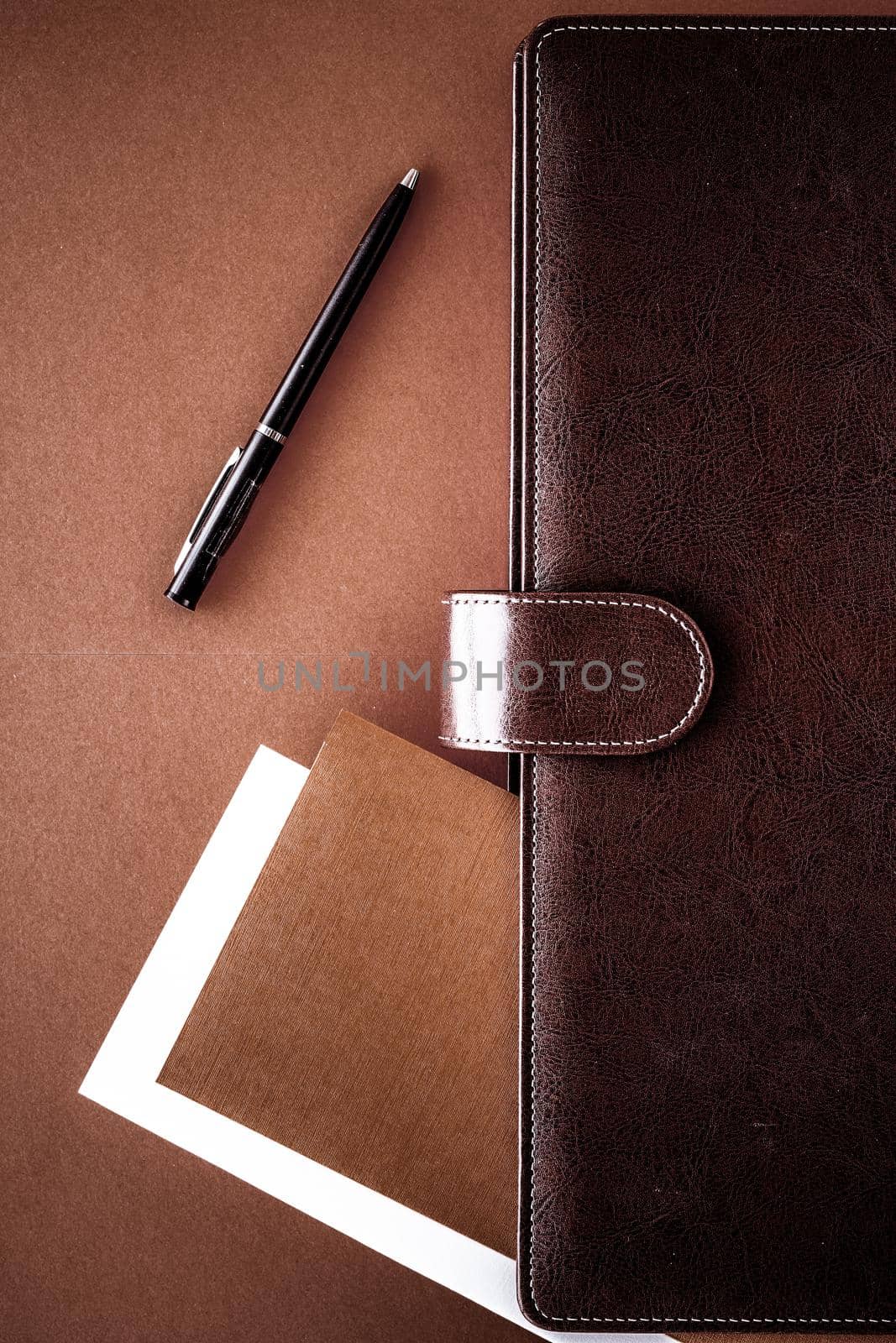 Productivity, work and corporate lifestyle concept - Vintage business briefcase on the office table desk, flatlay background