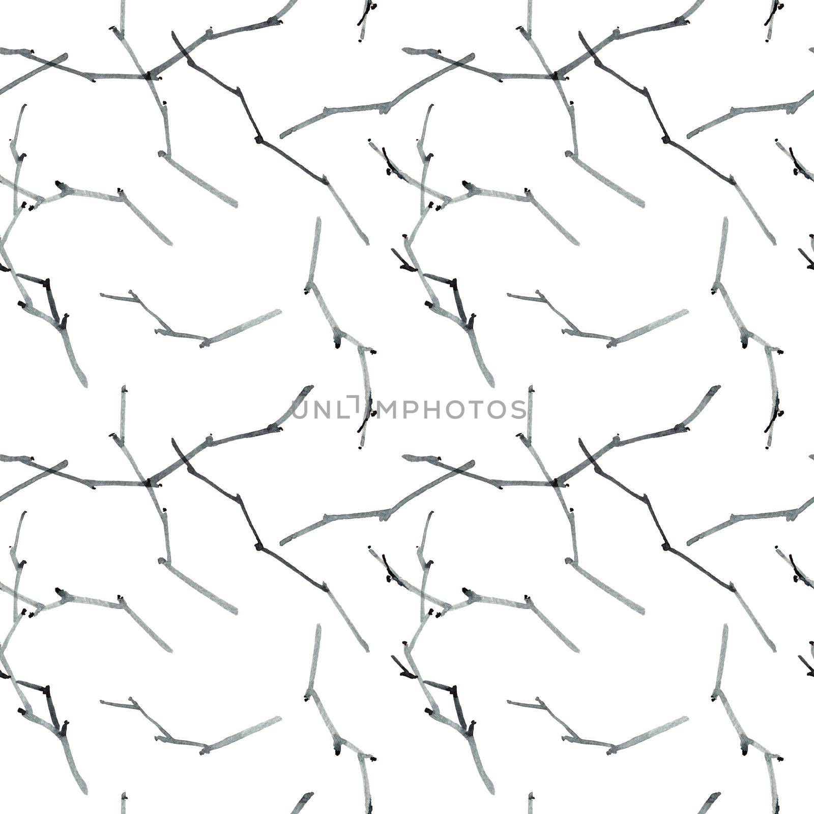 Watercolor tree branches without leaves on white background - seamless pattern