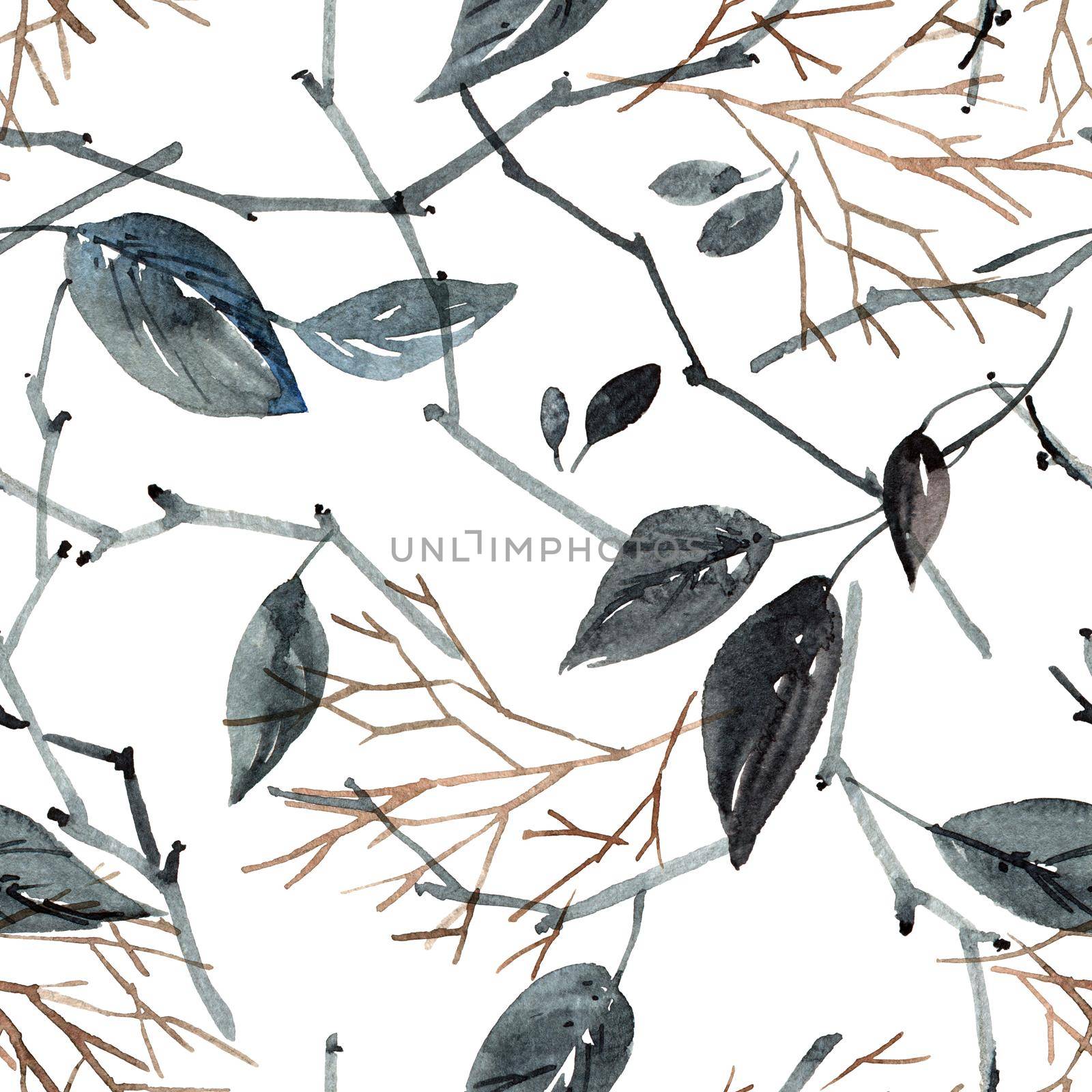 Watercolor leaves and branches on white background - decorative organic seamless pattern