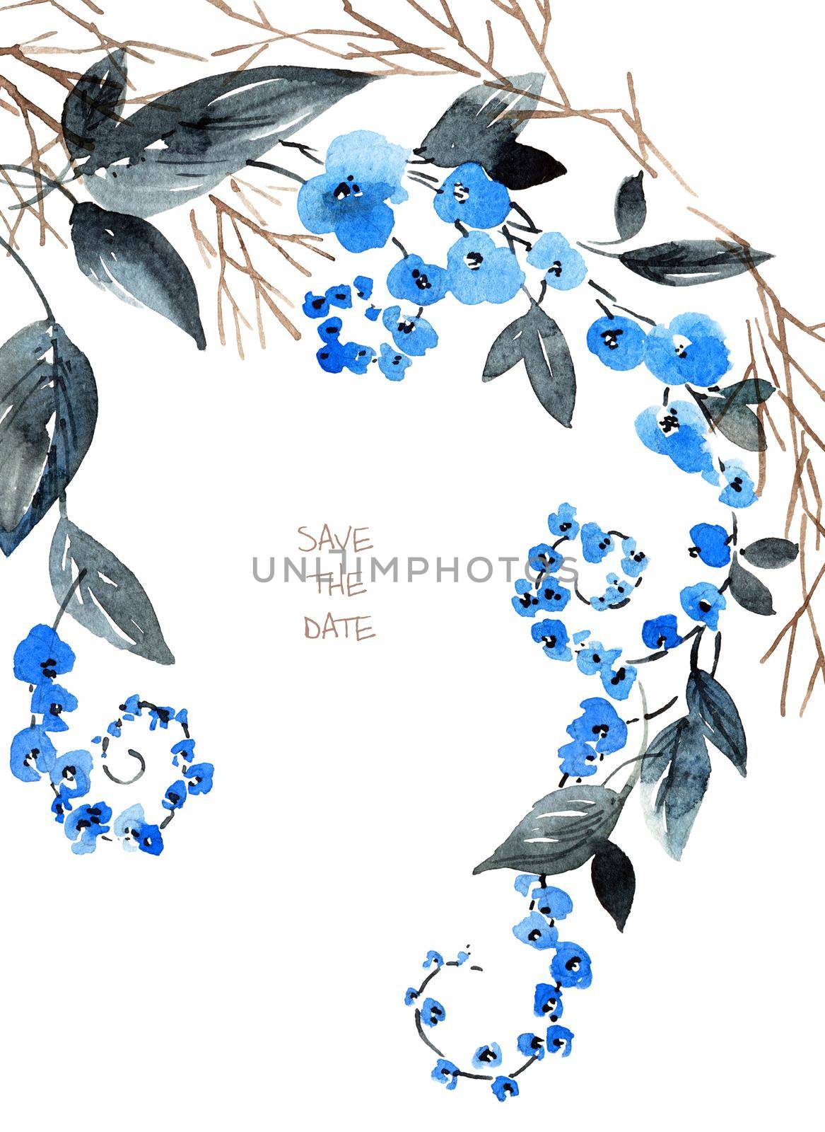 Watercolor illustration of floral wreath. Design for greeting card, invitation or cover. Hand-drawn blue flowers, buds and leaves.