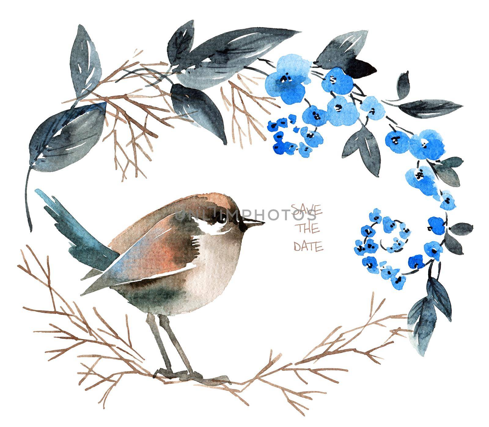 Watercolor illustration of bird on floral wreath. Design for greeting card, invitation or cover. Hand-drawn bird, blue flowers, stems and leaves.