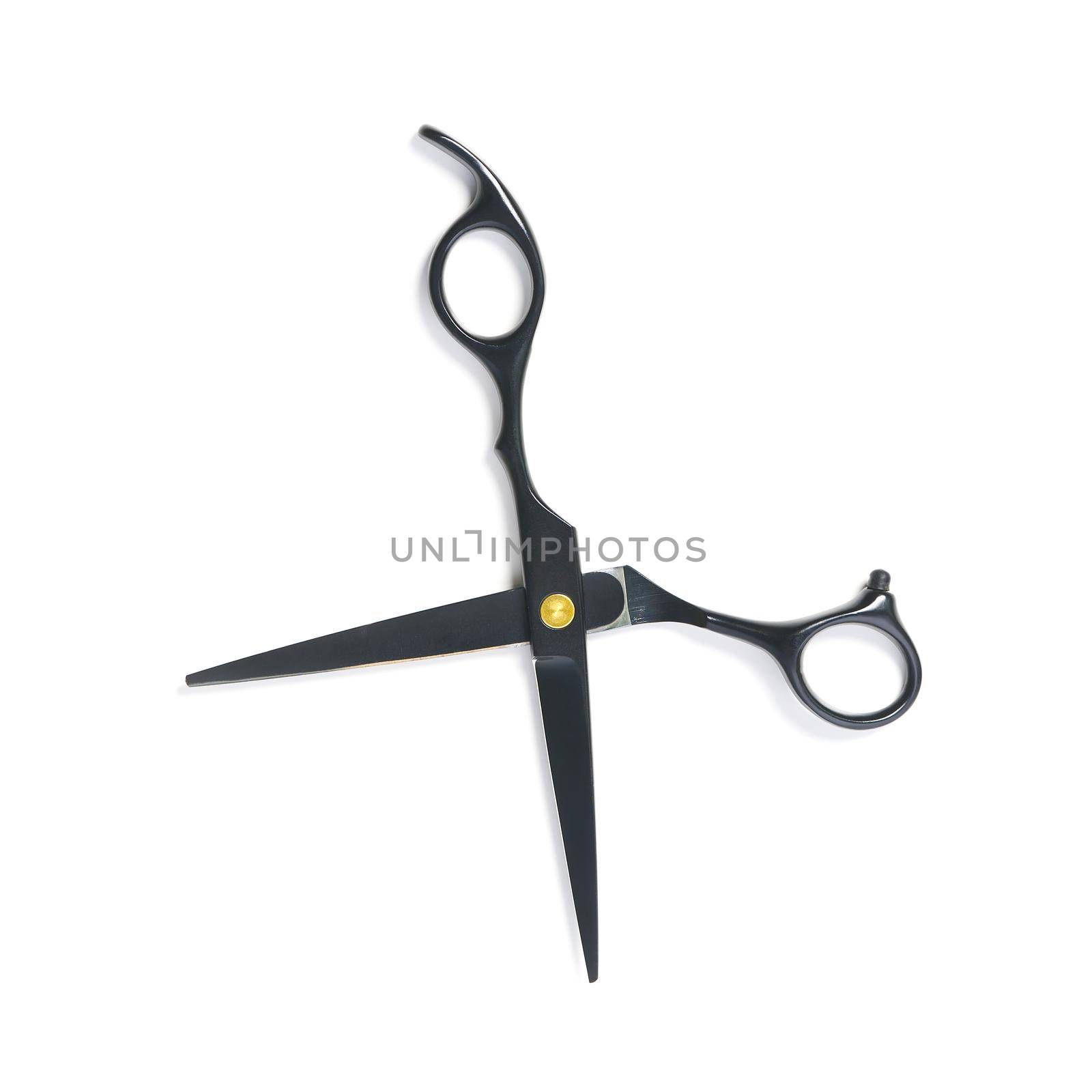 professional hairdresser black scissors isolated on white. Black barber scissors, close up. flat lay