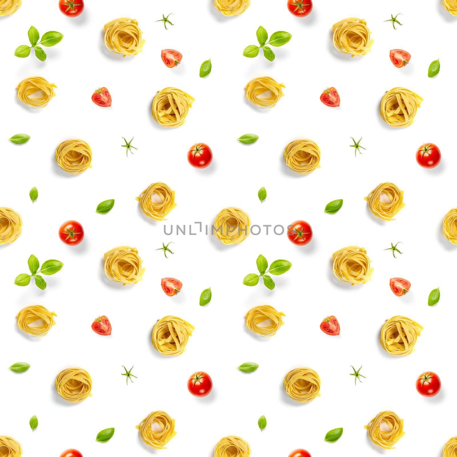 Seamless pattern from Italian pasta tagliatelle. raw pasta fettuccine pop art background, flat lay. Italian raw nest pasta isolated on white by PhotoTime
