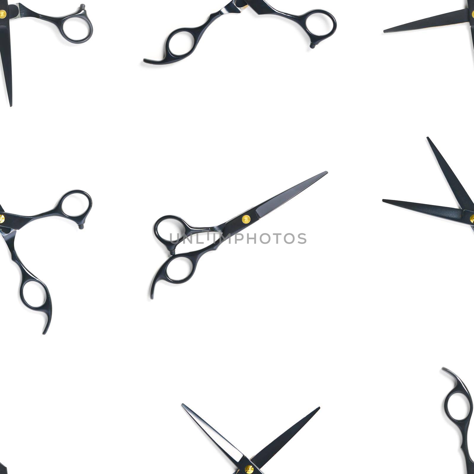 Seamless pattern of black scissors. professional hairdresser black scissors isolated on white. Black barber scissors, close up. pop art background by PhotoTime