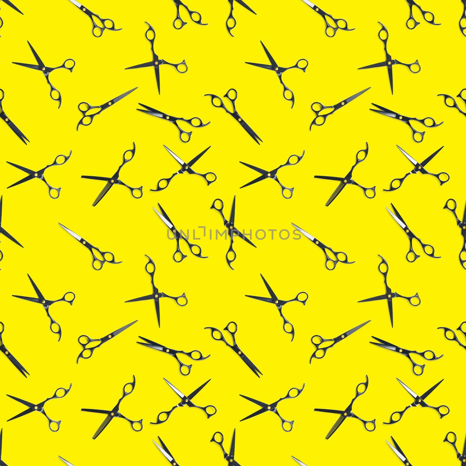 Seamless pattern of black scissors. professional hairdresser black scissors isolated on yellow. Black barber scissors, close up. pop art background, for prints or posters