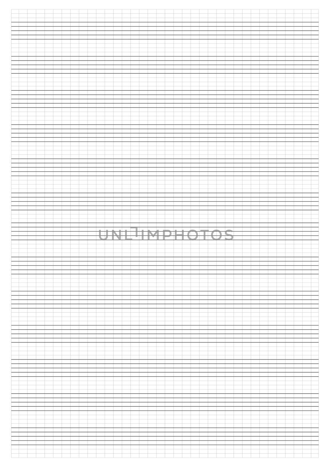 Graph paper. Printable grid paper with stave on a white background. A blank music sheet paper with staff. Geometric pattern for composition, education, school. Realistic lined paper blank size A4 by allaku