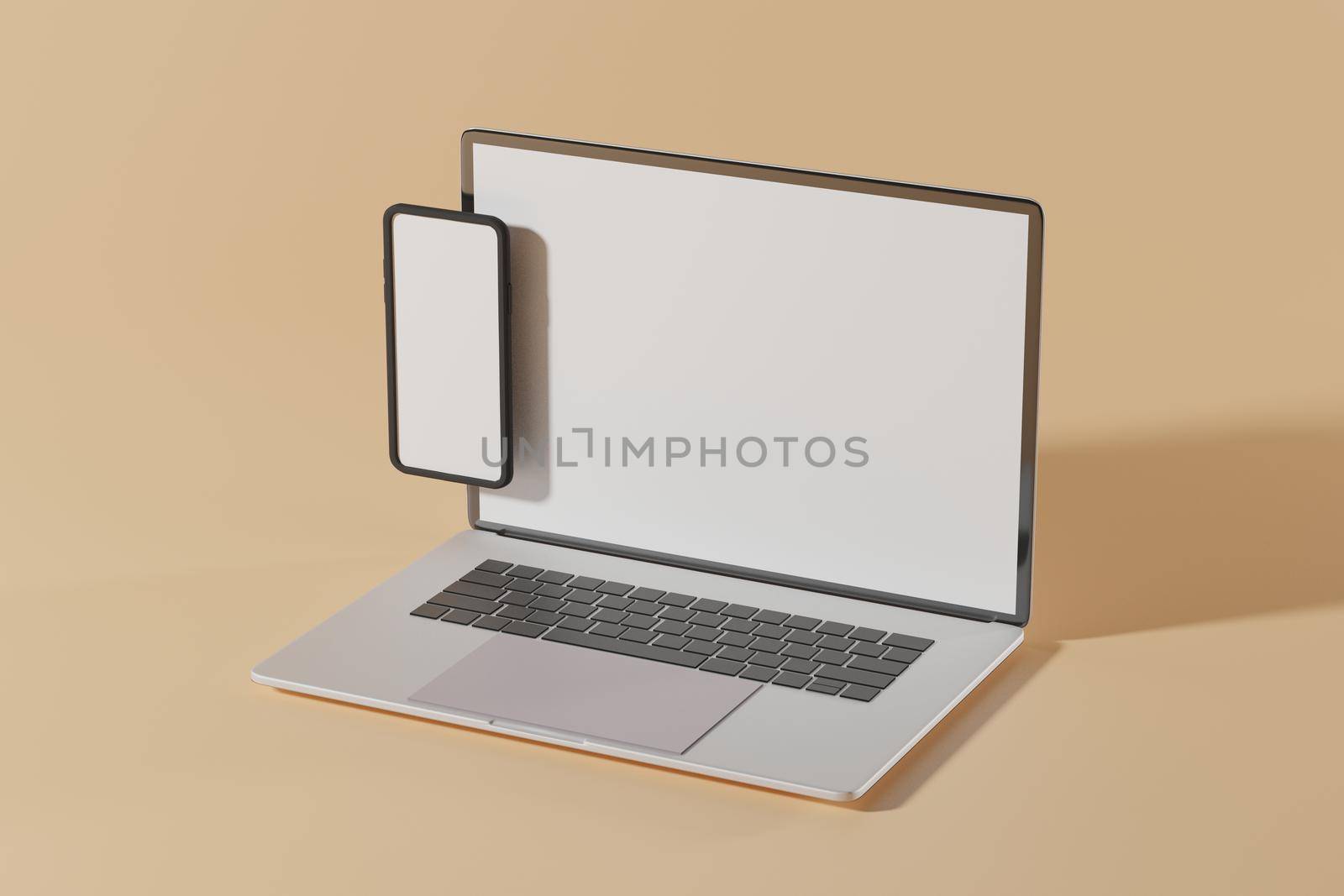 Laptop computer mockup in 3d rendering illustration with screeen for placing advertisements in minimal design. Online shopping  by bkneung