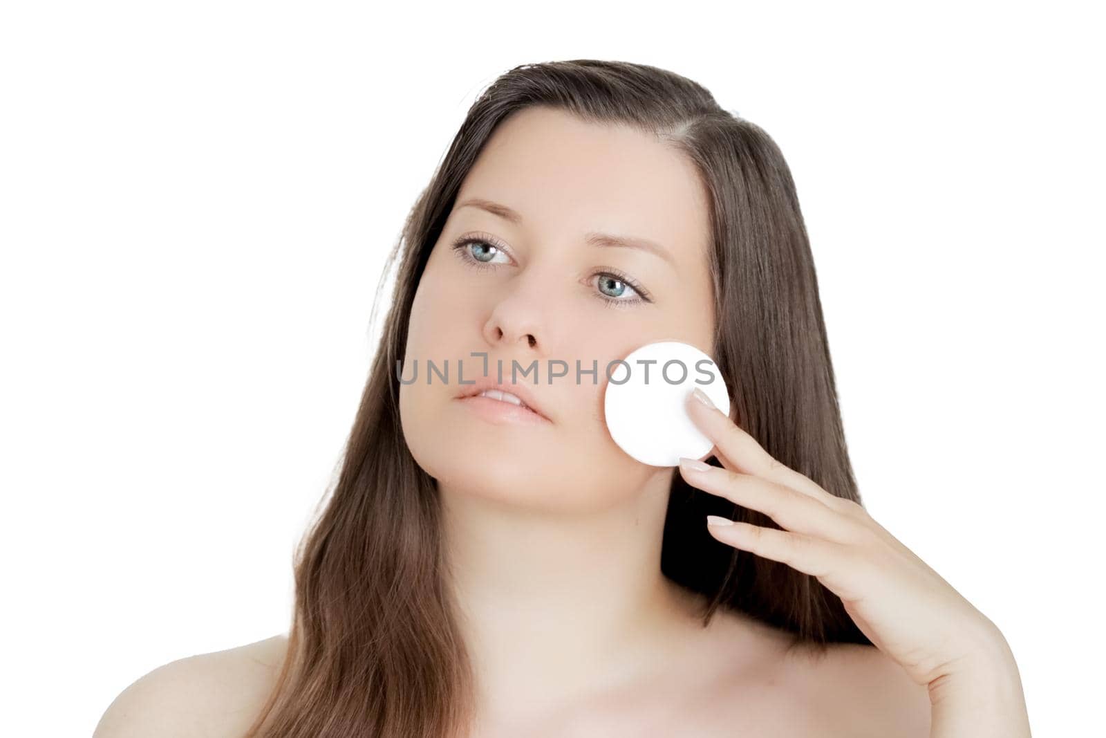 Beautiful woman with natural look, perfect skin as make-up and wellness concept, isolated on white background. Face portrait of young female model for skincare cosmetics and luxury beauty ad design.