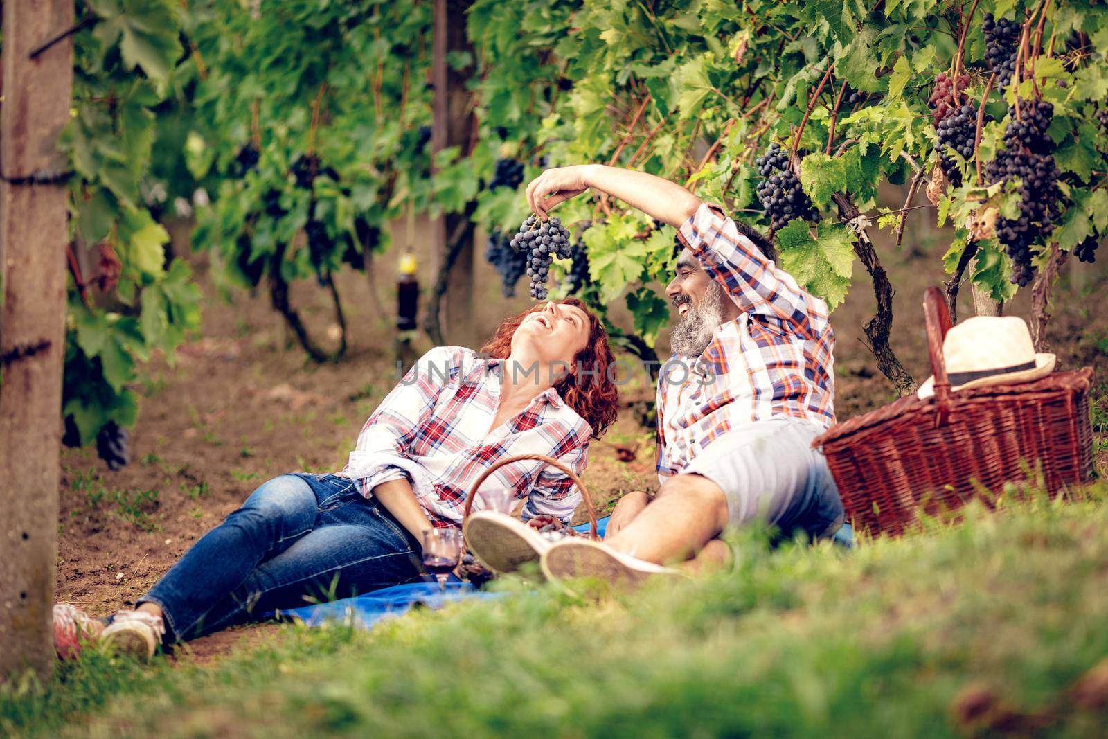Beautiful cheerful couple having fun on picnic at a vineyard.