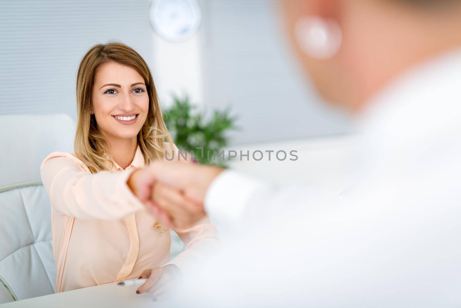 Businessman and businesswoman handshaking over the office desk after a job interview.