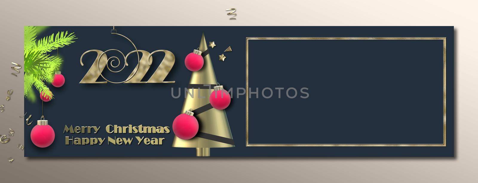 Christmas banner, Festive holiday header design. Christmas greeting card, web poster, holiday New Year menu, corporate Xmas card, covers. Xmas templates party banner. Place for text 3D render