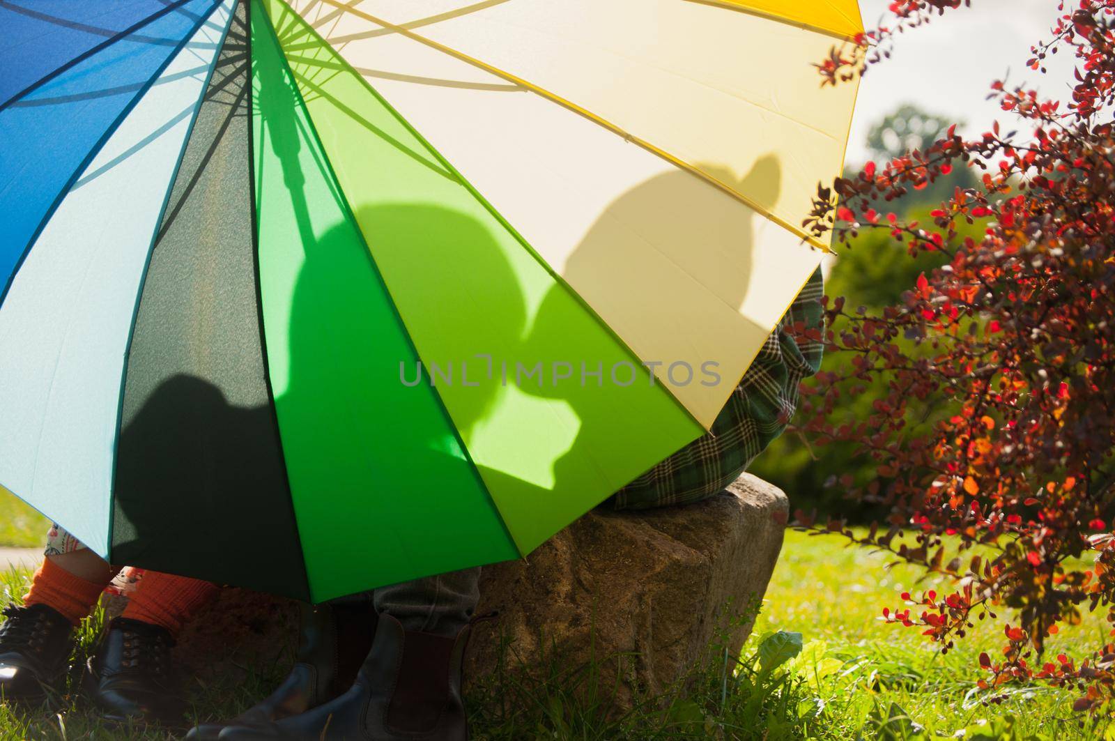 young couple of girls. Girls in love with lgbt umbrella. Two kissing girls Concept. Silhouette of two girls in love.