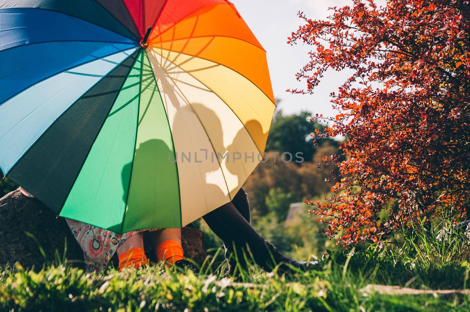 young couple of girls. Girls in love with lgbt umbrella. Two kissing girls Concept. Silhouette of two girls in love.