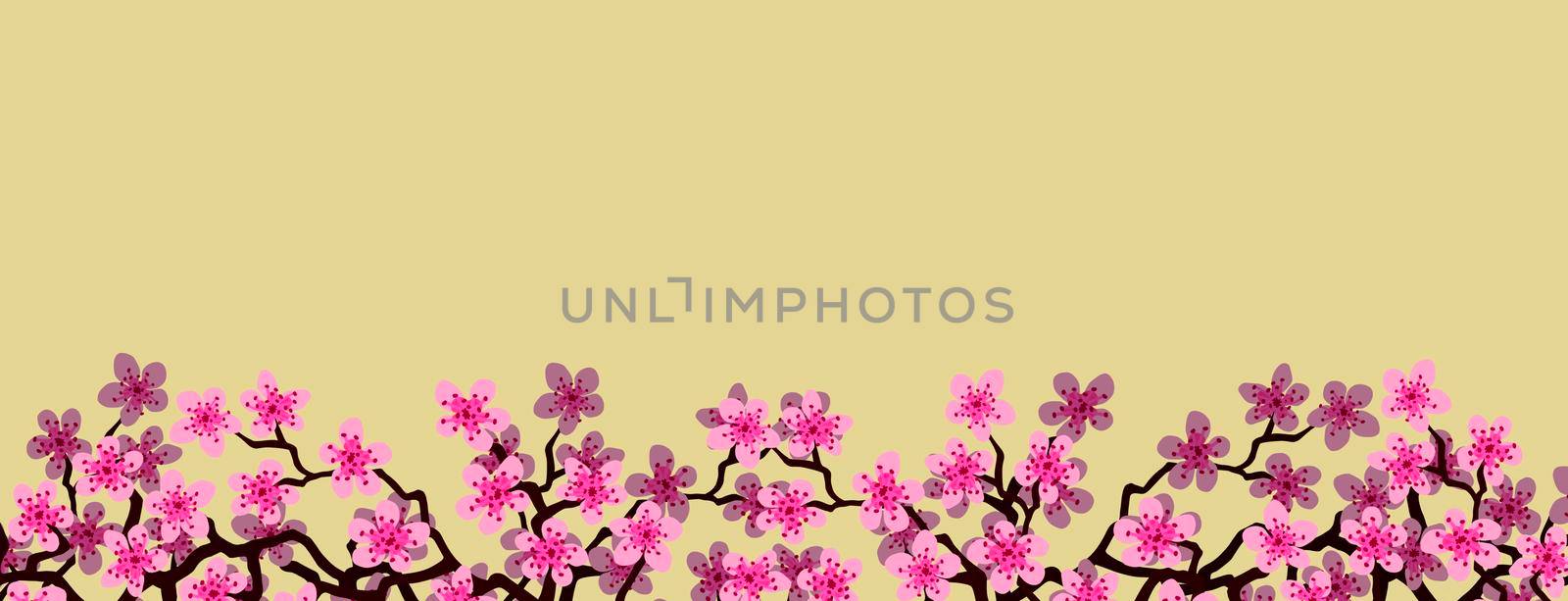 Floral greeting banner with beautiful pink blossom flowers branch Sakura. Yellow colors Background with copy space text on Cherry Twig In Bloom. Postcard good for wedding invitation, Mother, Women day