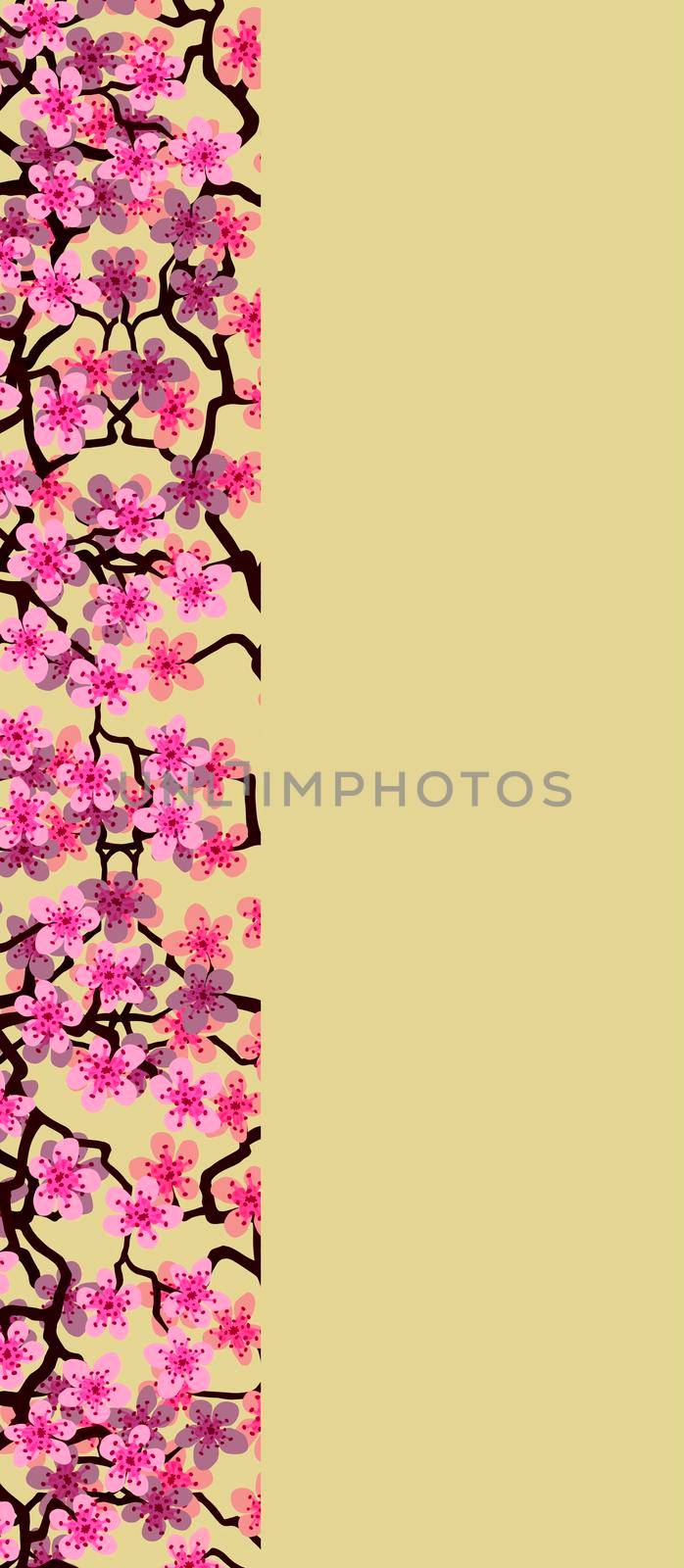 Vertical Floral greeting card with beautiful pink blossom flowers branch Sakura.Yellow colors Background with copy space text on Cherry Twig In Bloom.Postcard for wedding invitation, Mother, Women day