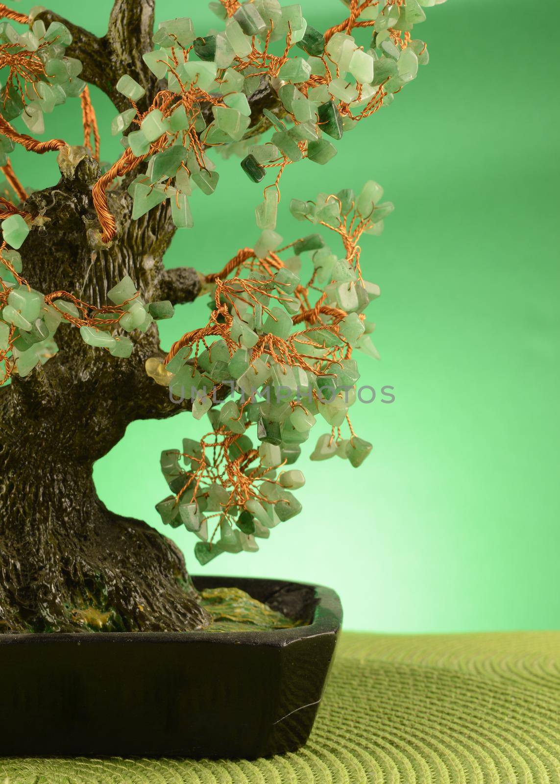 A closeup of a green jade stone money tree in a green surrounding environment to enrich viewers with the law of attraction and wealth.
