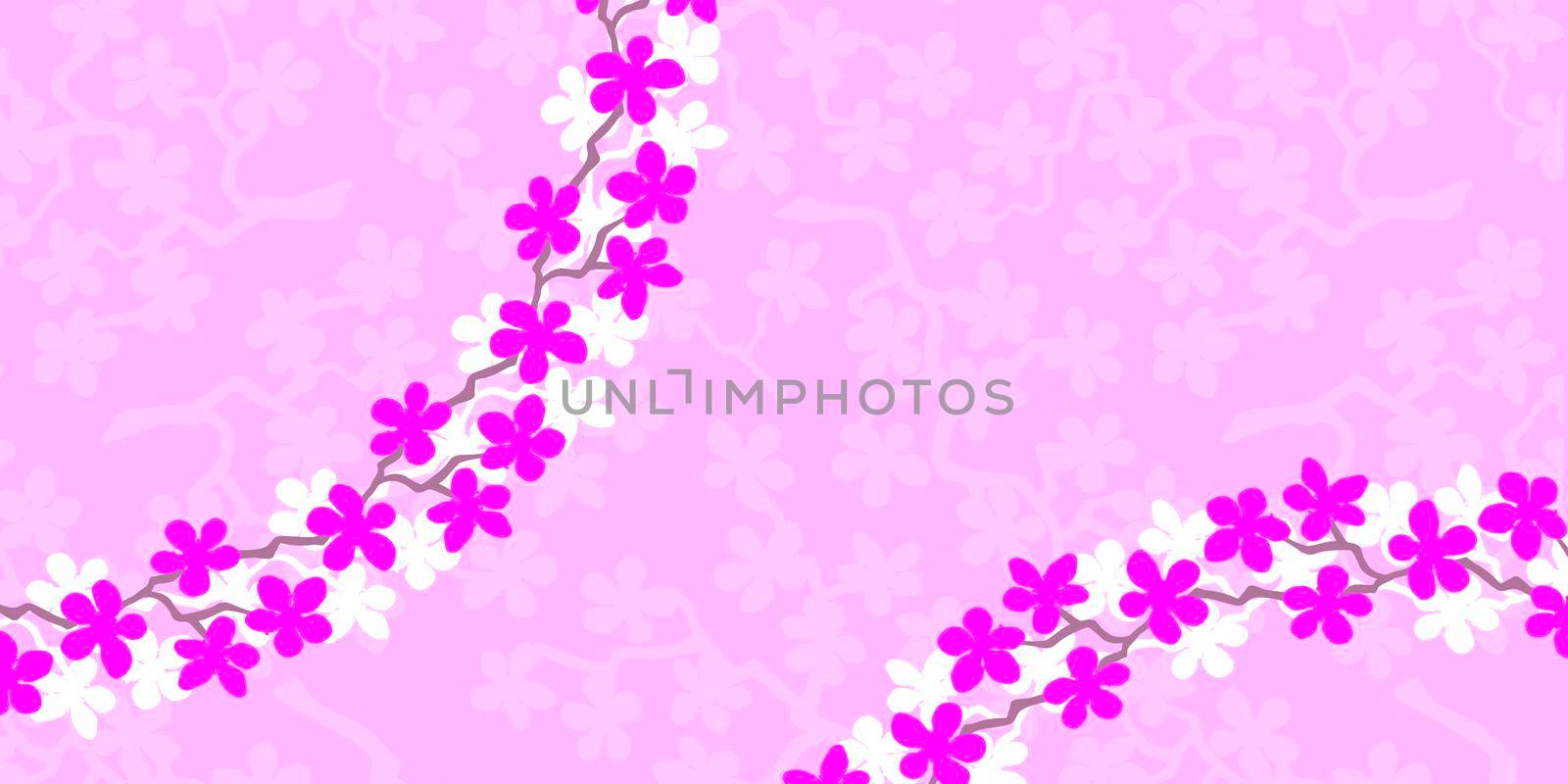 Floral banner with beautiful pink and white blossom flowers branch Sakura. Paper banner with the copy space text. Trendy Design Template. Postcard good for wedding invitation, Mother, Women day