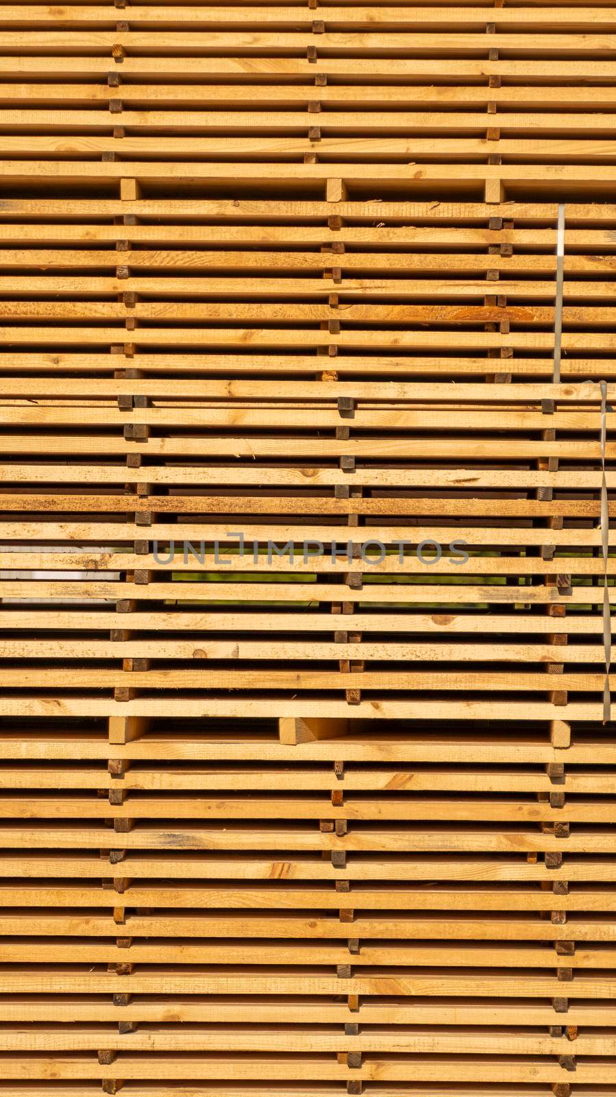Storage of piles of wooden boards on the sawmill. Boards are stacked in a carpentry shop. Sawing drying and marketing of wood. Pine lumber for furniture production, construction. Lumber Industry. by vovsht