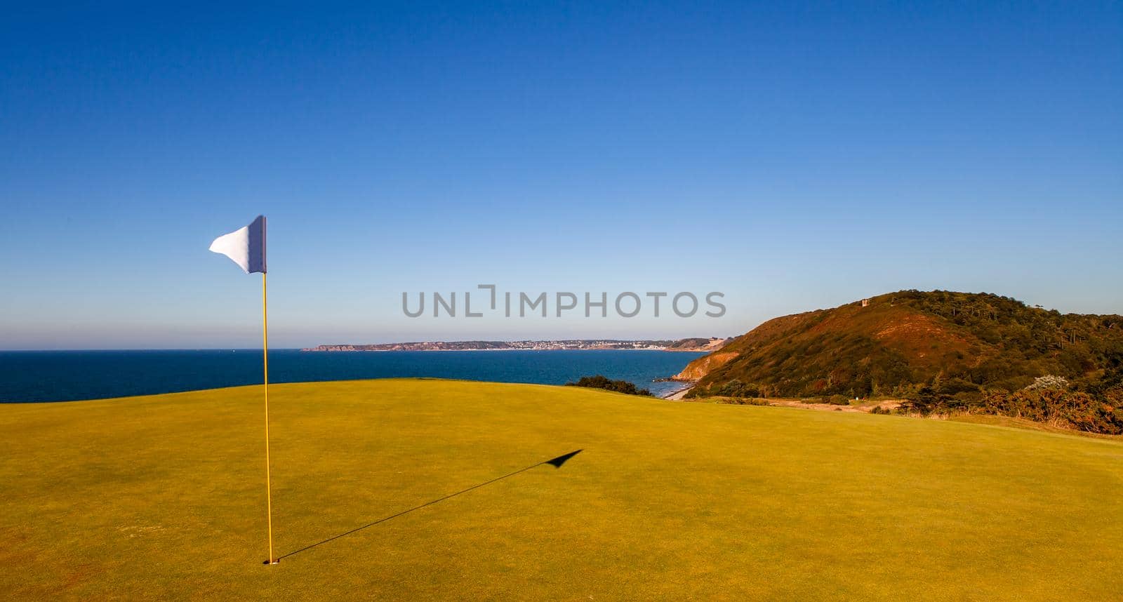 Pleneuf Val Andre Golf course, Bretagne, France, in the background, the channel sea