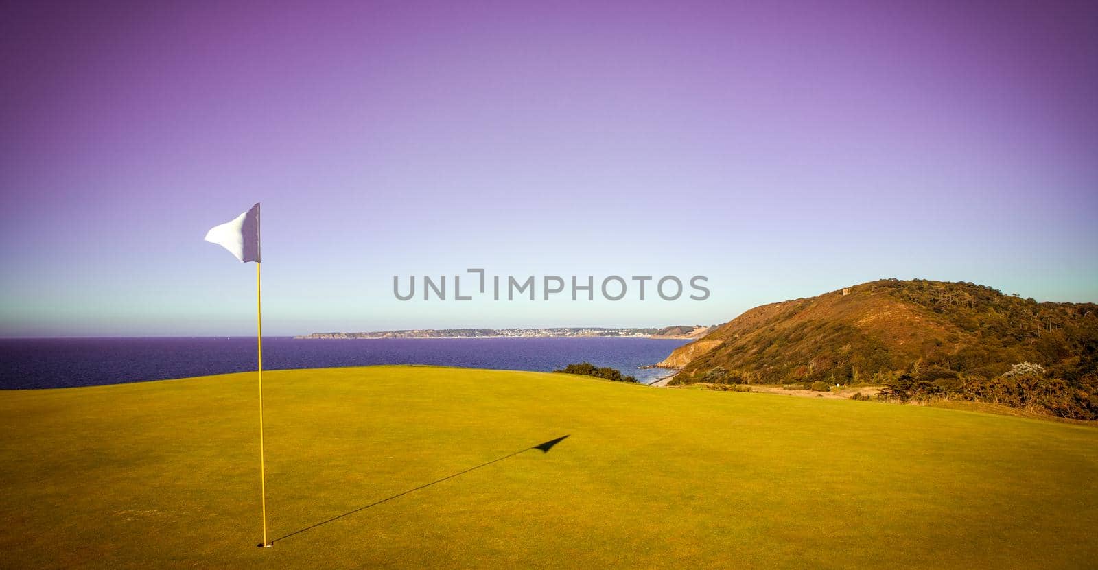 Pleneuf Val Andre Golf course, Bretagne, France, in the background, the channel sea