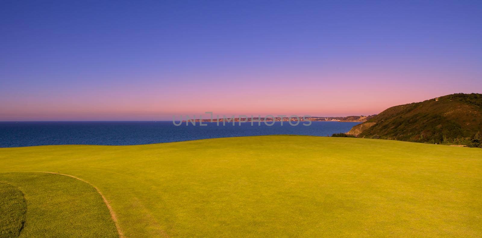 Pleneuf Val Andre Golf course, Bretagne, France, in the background, the channel sea