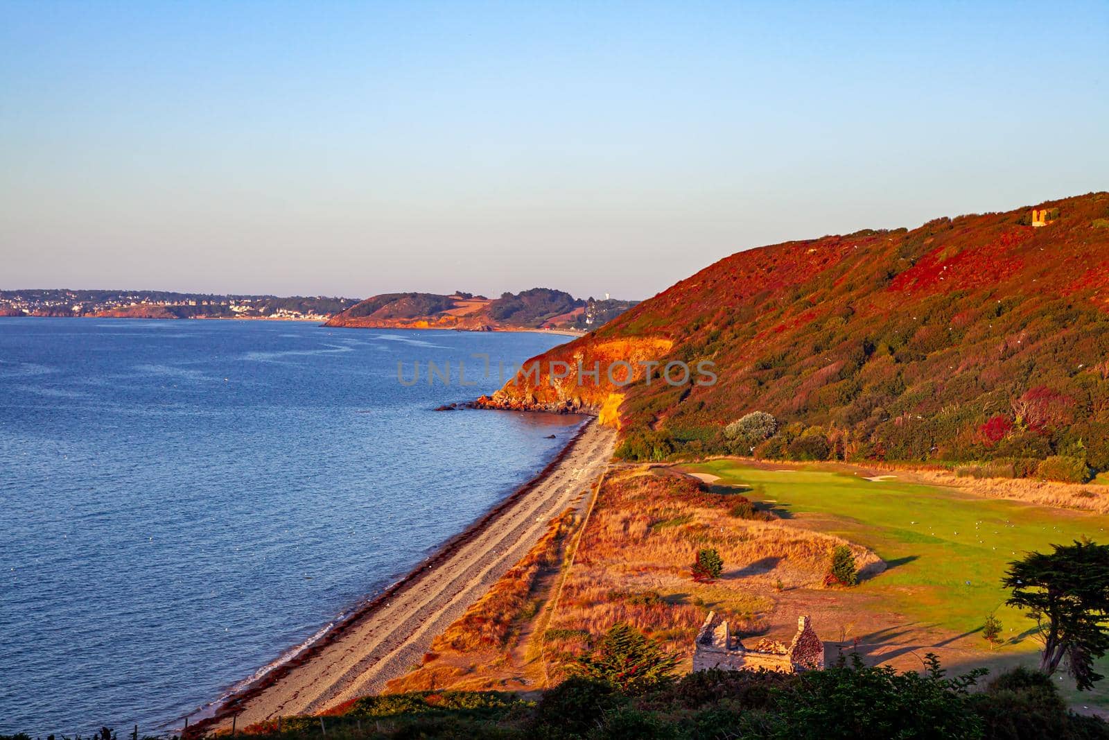 Pleneuf Val Andre Golf course, Bretagne, France, in the background, the channel sea