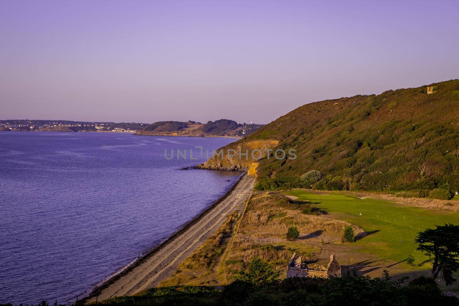 Pleneuf Val Andre Golf course, Bretagne, France, in the background, the channel sea