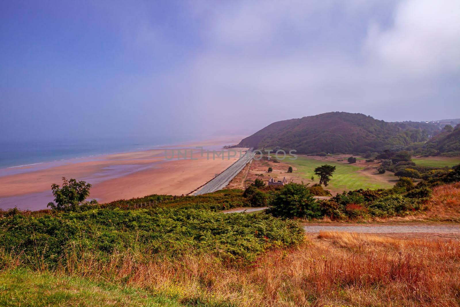 Pleneuf Val Andre Golf course, Bretagne, France, in the background, the channel sea