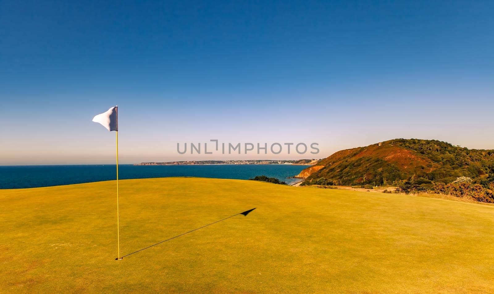 Pleneuf Val Andre Golf course, Bretagne, France, in the background, the channel sea