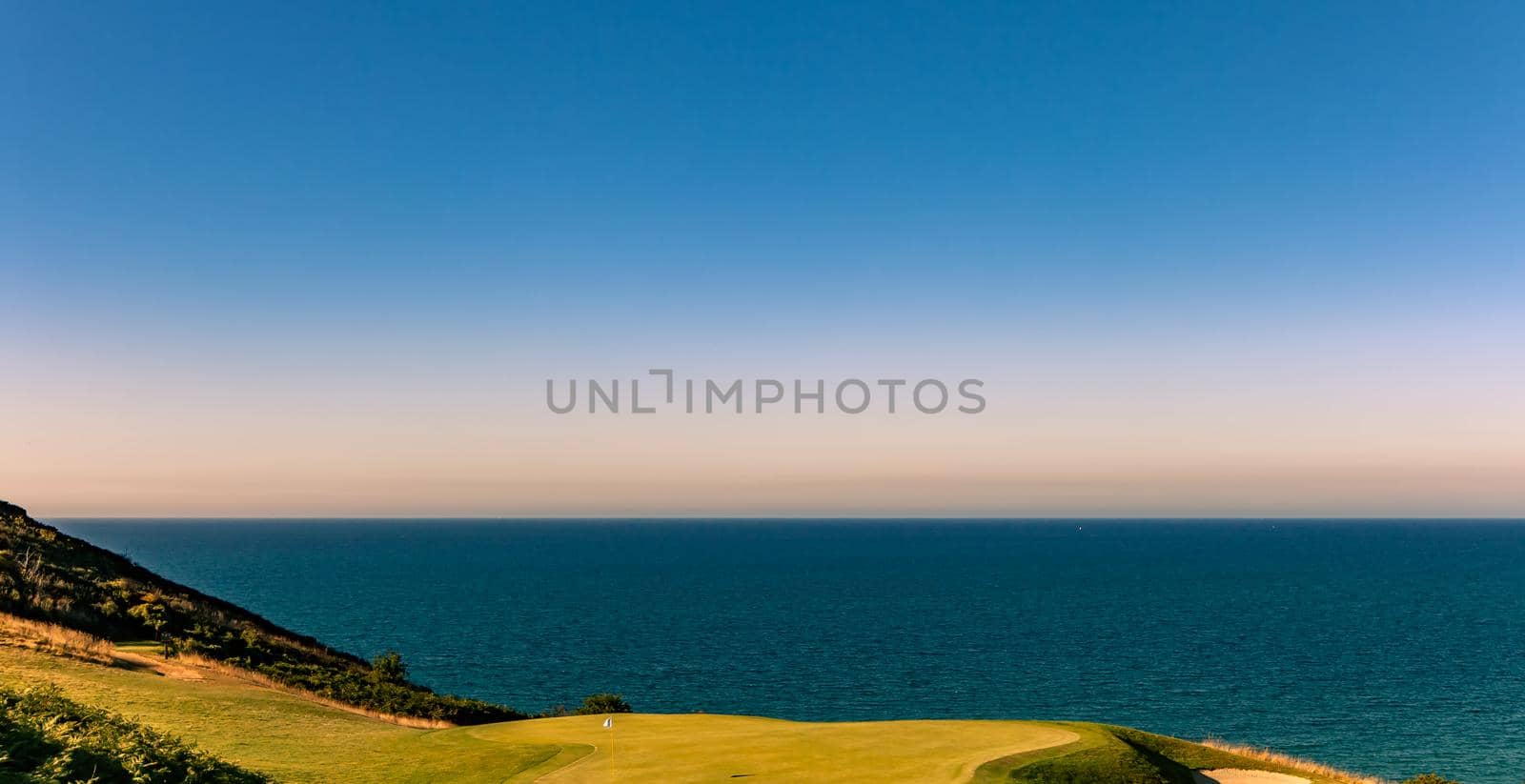 Pleneuf Val Andre Golf course, Bretagne, France, in the background, the channel sea