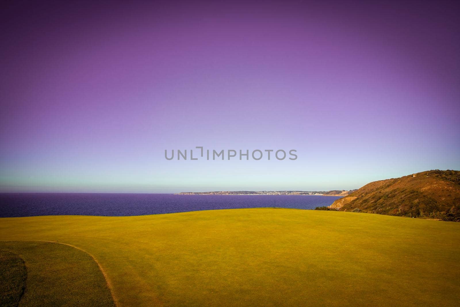 Pleneuf Val Andre Golf course, Bretagne, France, in the background, the channel sea