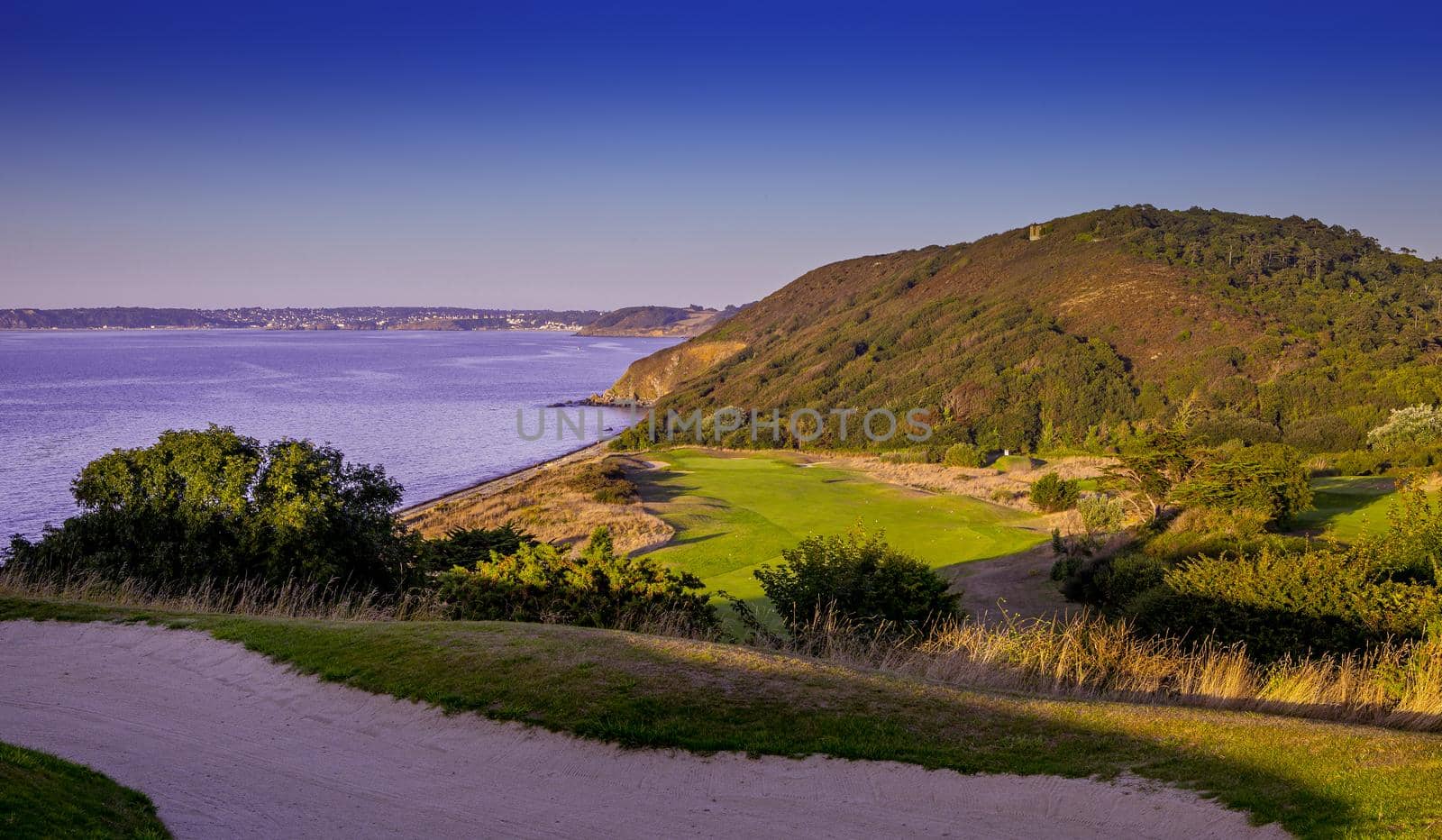 Pleneuf Val Andre Golf course, Bretagne, France, in the background, the channel sea