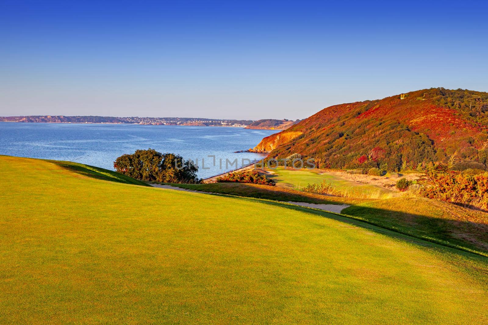 Pleneuf Val Andre Golf course, Bretagne, France, in the background, the channel sea