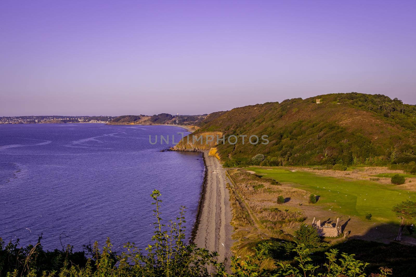 Pleneuf Val Andre Golf course, Bretagne, France, in the background, the channel sea