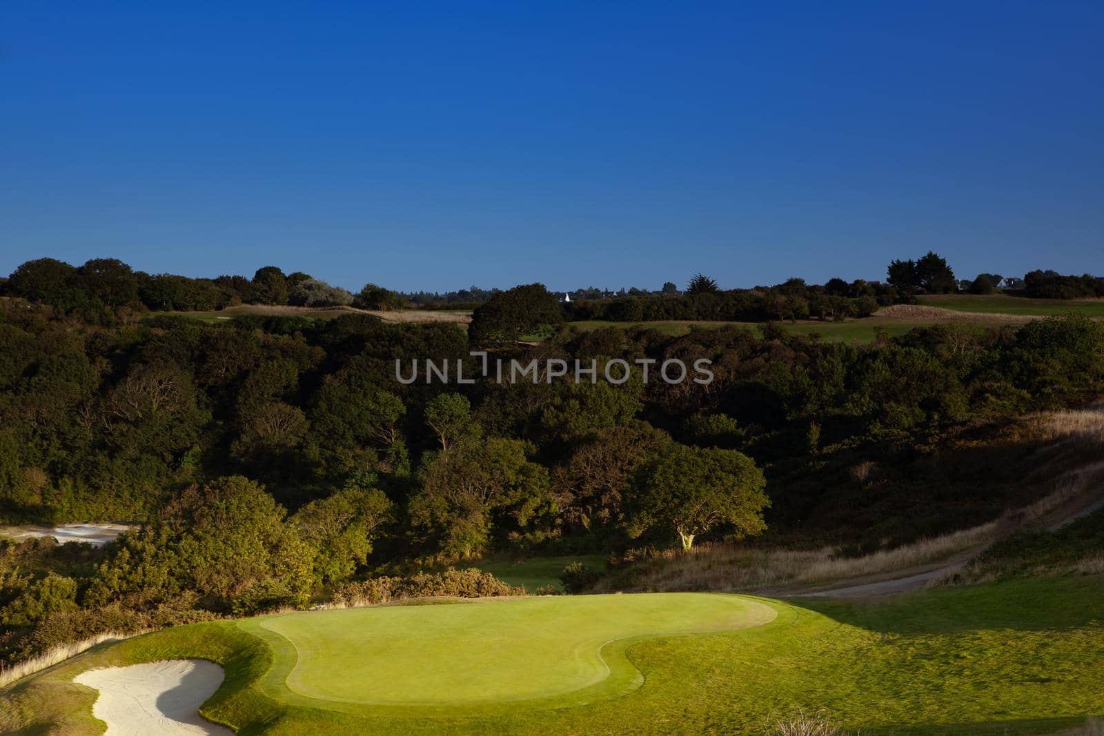 Pleneuf Val Andre Golf course, Bretagne, France, in the background, the channel sea