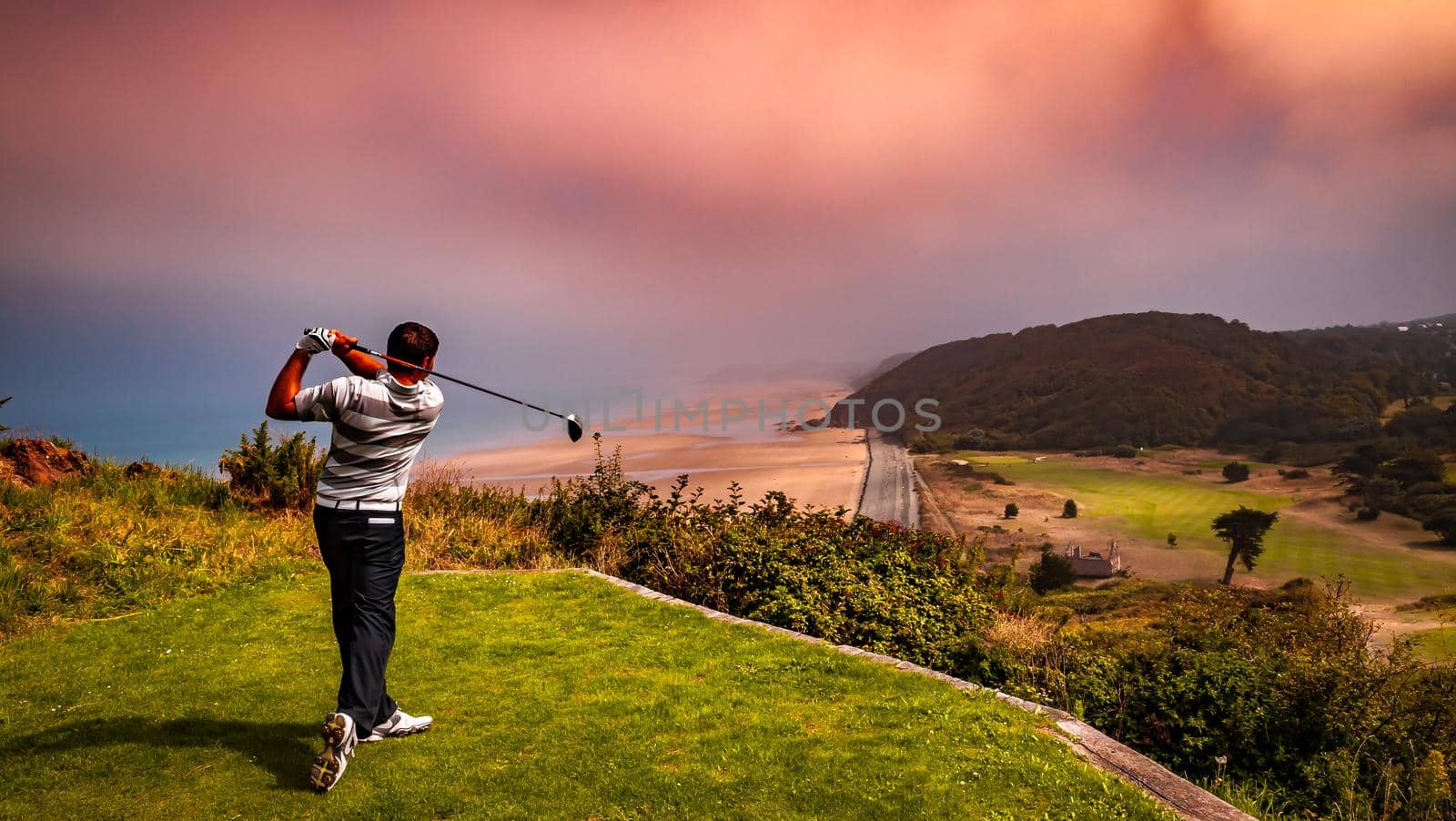 Pleneuf Val Andre Golf course, Bretagne, France, in the background, the channel sea