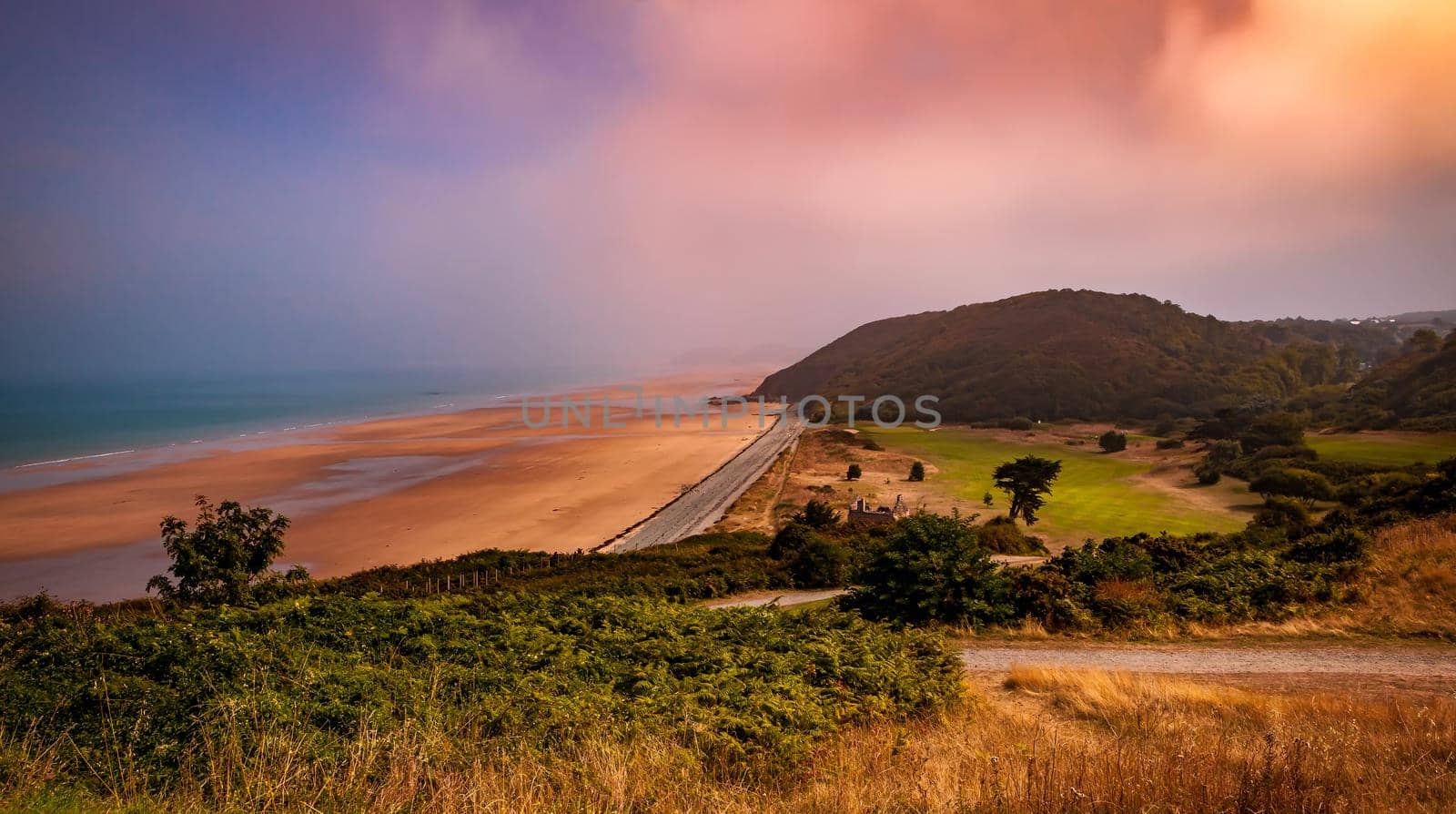 Pleneuf Val Andre Golf course, Bretagne, France, in the background, the channel sea