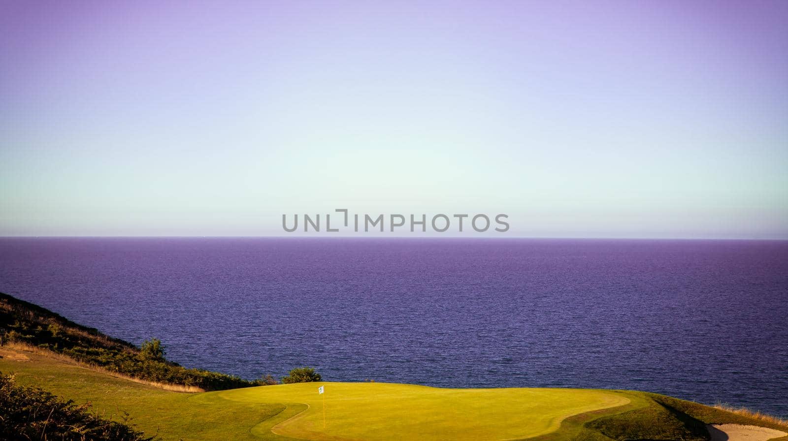 Pleneuf Val Andre Golf course, Bretagne, France, in the background, the channel sea