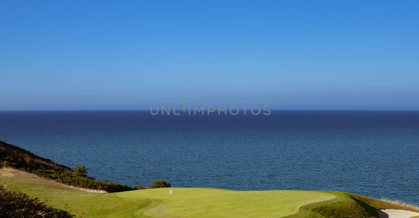 Pleneuf Val Andre Golf course, Bretagne, France, in the background, the channel sea