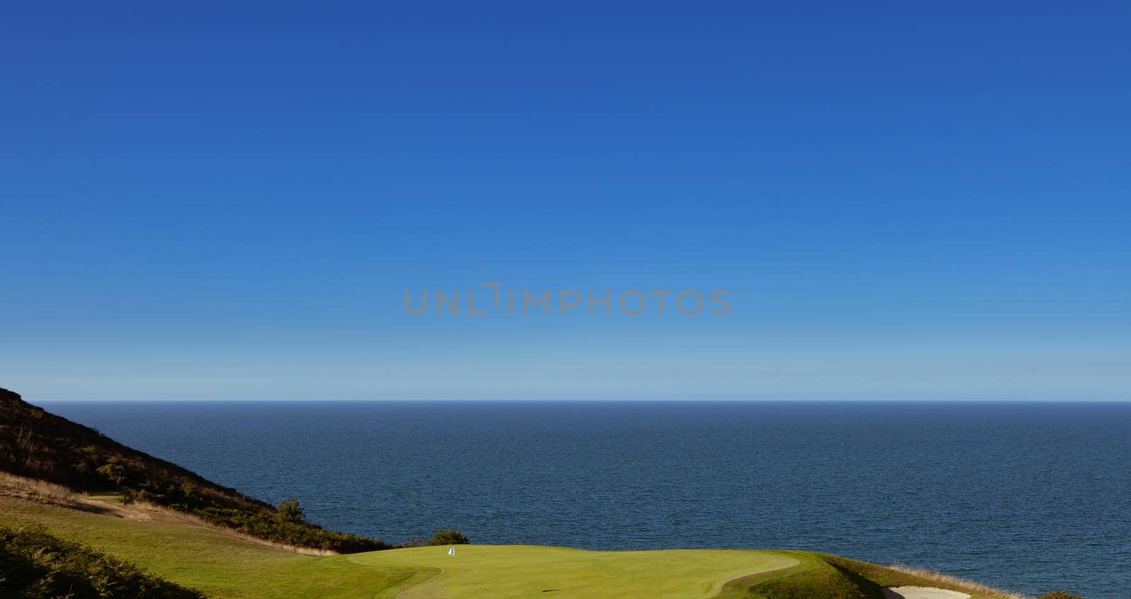 Pleneuf Val Andre Golf course, Bretagne, France, in the background, the channel sea