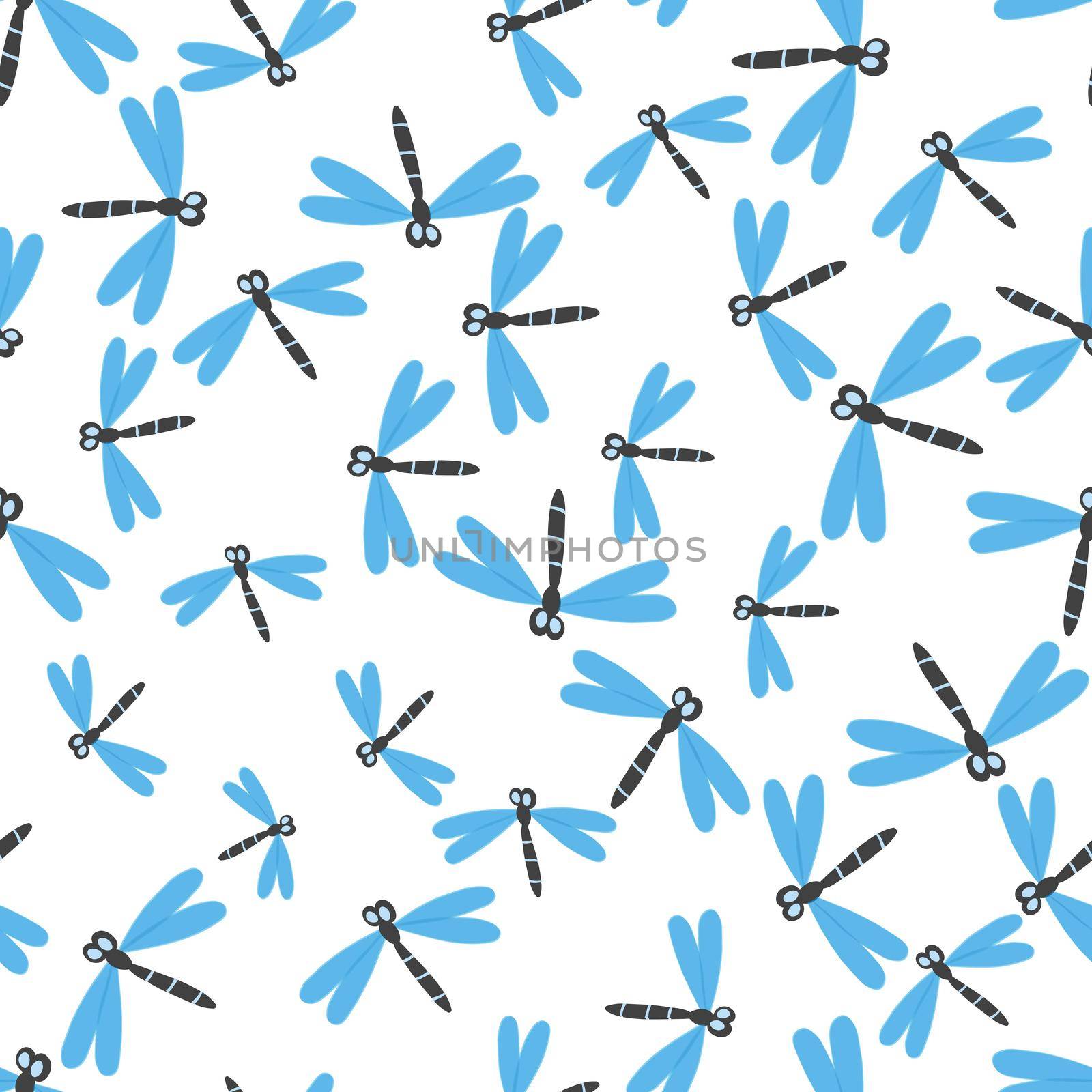 Seamless pattern with color dragonfly on white background. Romantic vector illustration. Adorable cartoon character. Template design for invitation, textile, fabric. Doodle style by allaku