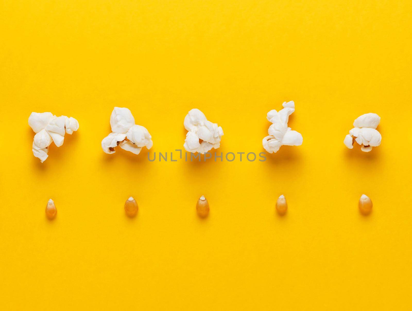 Corn grains and popcorn in a row on yellow background. Concept of evolution and growth. Horizontal image. Top view.