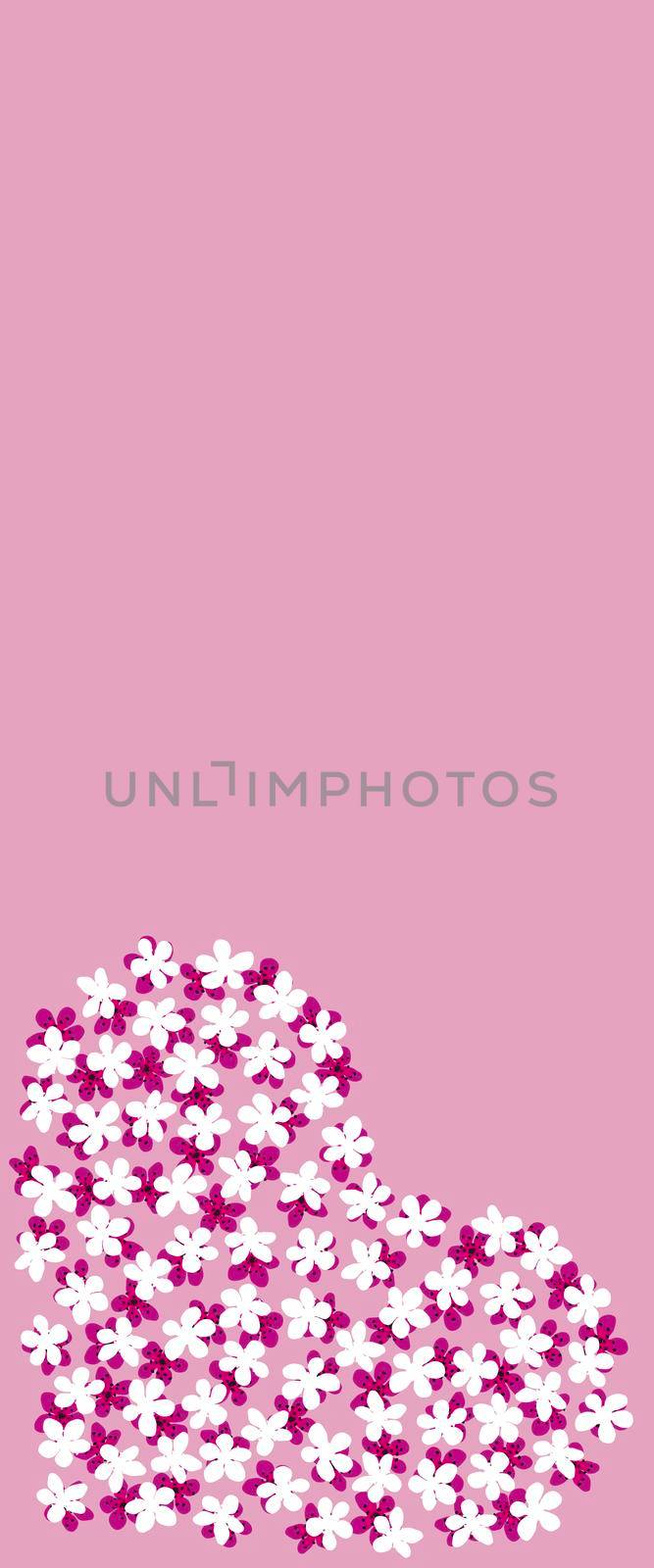 Modern vertical Business card Design Template with heart made of pink and white sakura flowers decoration on pink background.Template of premium gift voucher, discount coupon, Greeting card.Copy space