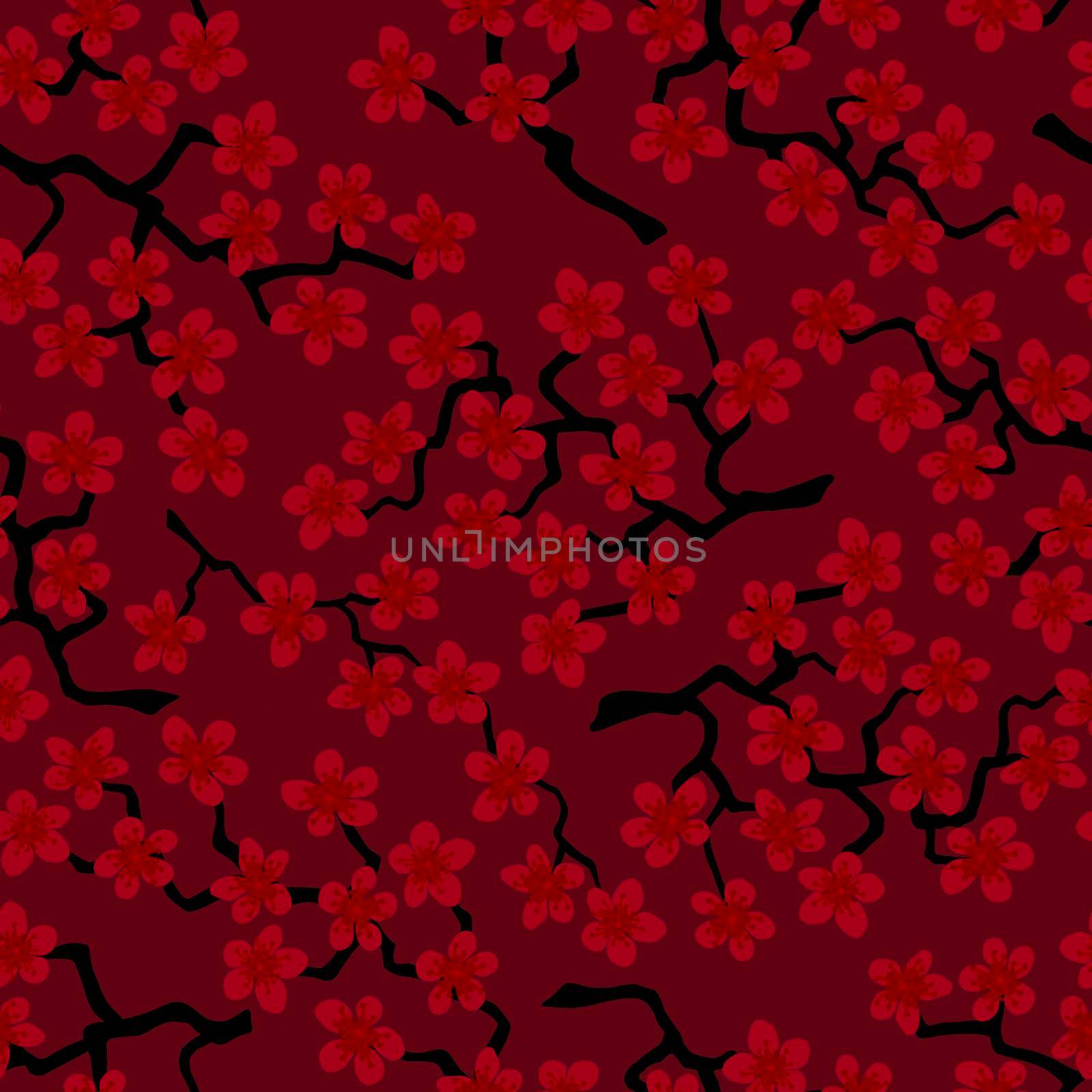 Seamless pattern with blossoming Japanese cherry sakura branches for fabric,packaging,wallpaper,textile decor,design, invitations,print,gift wrap,manufacturing.Red flowers on burgundy background