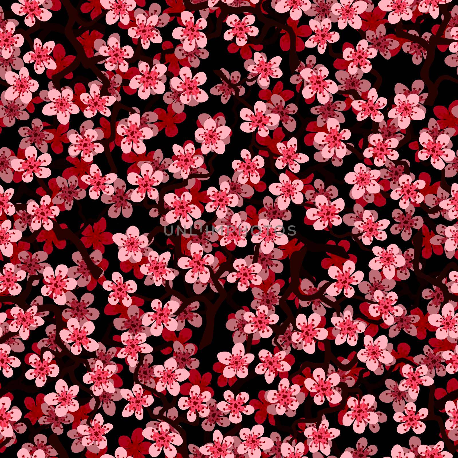 Seamless pattern with blossoming Japanese cherry sakura branches for fabric,packaging,wallpaper,textile decor,design, invitations,print,gift wrap,manufacturing.Pink flowers on black background