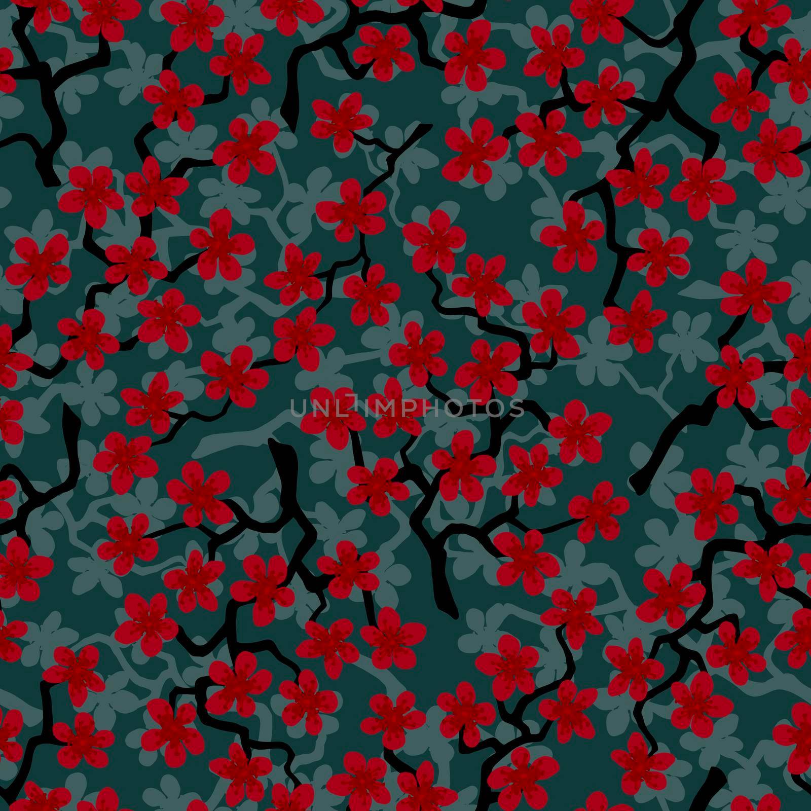 Seamless pattern with blossoming Japanese cherry sakura branches for fabric,packaging,wallpaper,textile decor,design, invitations,print,gift wrap,manufacturing.Red flowers on olive background