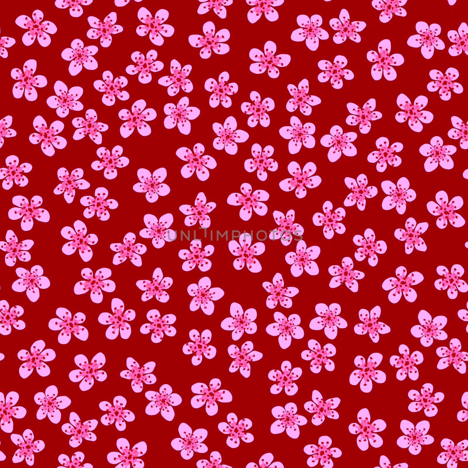 Seamless pattern with blossoming Japanese cherry sakura for fabric, packaging, wallpaper, textile decor, design, invitations, print, gift wrap, manufacturing. Pink flowers on red background
