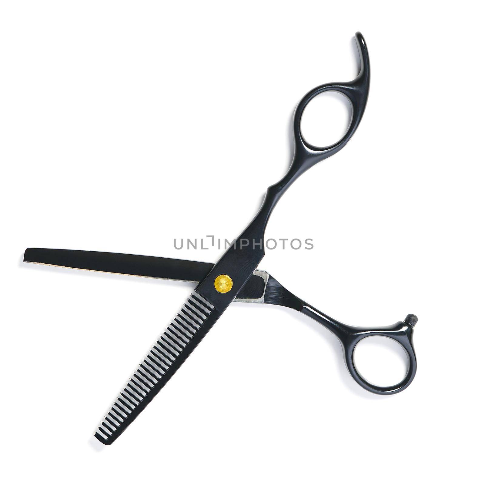 professional hairdresser black scissors isolated on white. Black barber scissors, close up. by PhotoTime