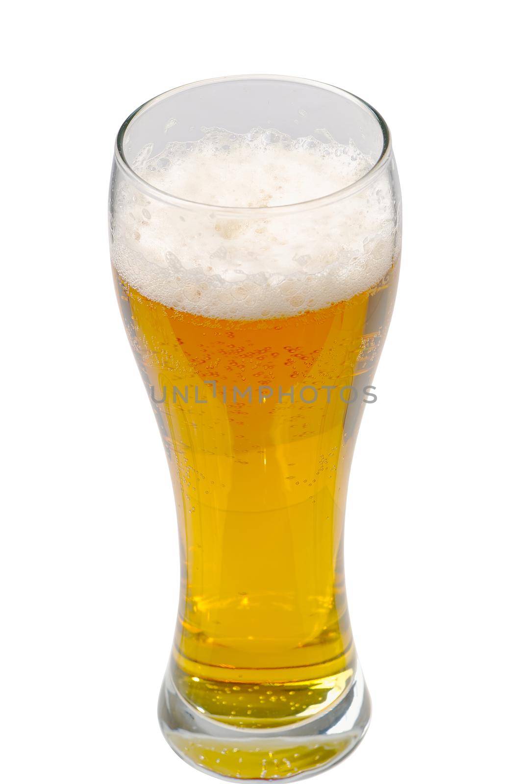 Fresh cold Beer glass isolated on white. gold beer bavaria oktoberfest with foam crown. pint of light lager beer on white background by PhotoTime